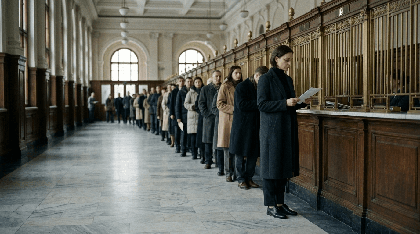 A woman in a dark coat waits at a brass teller window in an old bank hall, a thick stack of forms in one hand and her phone in the other, a long queue behind her.